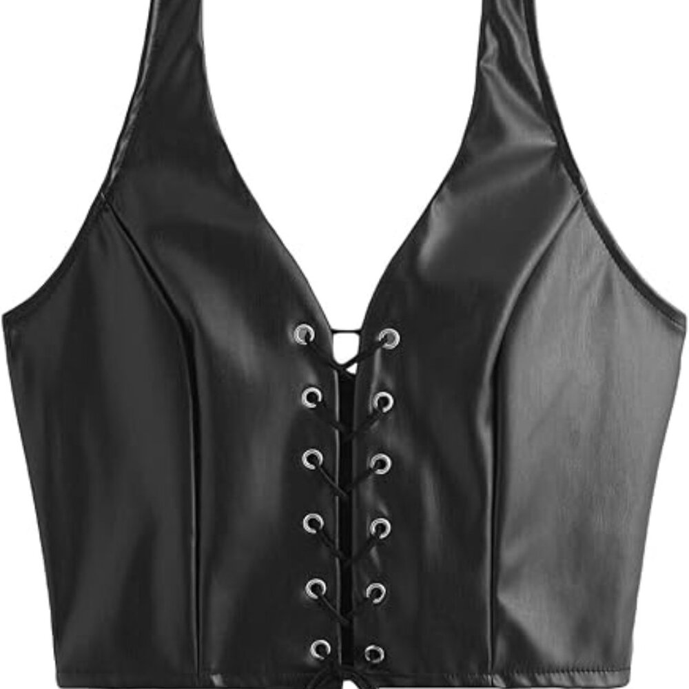 SweatyRocks Women's Faux Leather Crop Tank Top Lace Up Tie Front Halter Tops